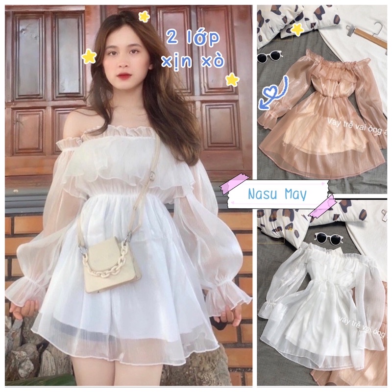 Áo Trễ Vai ÓNG ÁNH Bèo Tầng Tiểu Thư Nữ Trắng Hồng 2 lớp sexy Nasu May