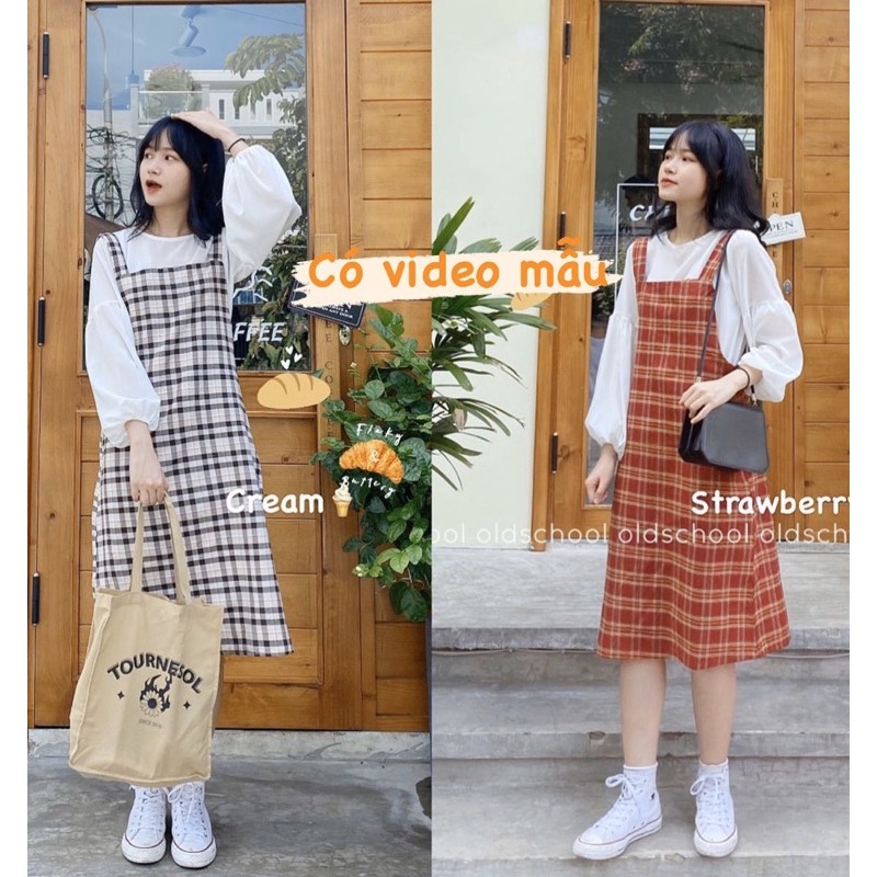 [Ảnh thật/Video] Set yếm ulzzang kèm áo vintage tay bồng Set bộ đồ Đầm nữ dáng dài