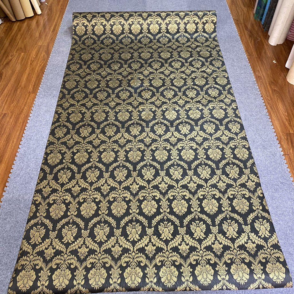 Giấy dán tường phòng ngủ khổ 60cm 1m2 hoa văn 3D, Decal miếng dán tường trang trí nhà cửa vàng đen vintage