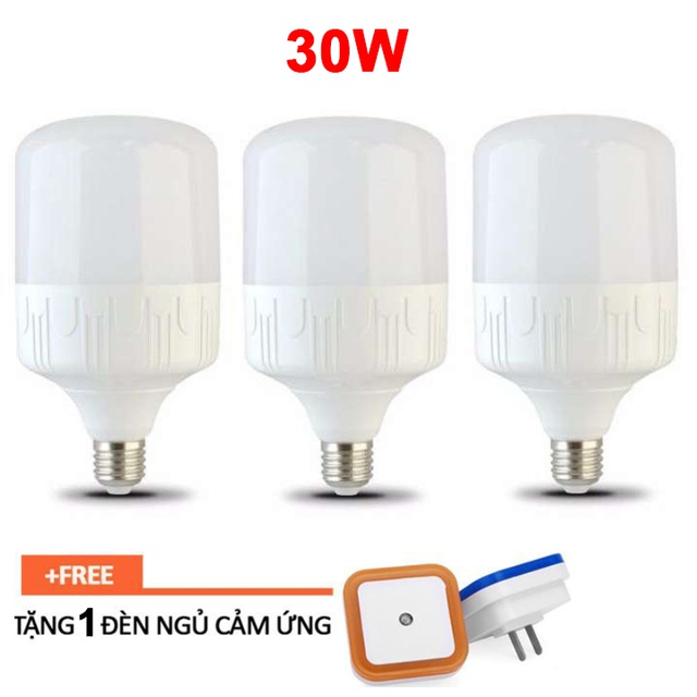 (Tặng đèn ngủ tự động) Bộ 3 bóng đèn led trụ 30W siêu sáng - ánh sáng Trắng