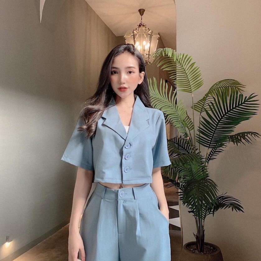 Set Áo Croptop cổ vest và Quần ống suông trơn siêu tôn dáng, thần thái sang chảnh