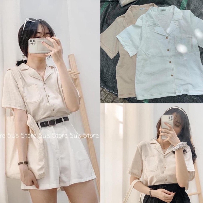 Áo Sơ Mi Ngắn Tay Cổ Vest Phối Viền Nữ Vải Thô Đũi Viền Cổ , Áo Sơ Mi Cộc Tay Cổ Vest Phối Viền Freesize