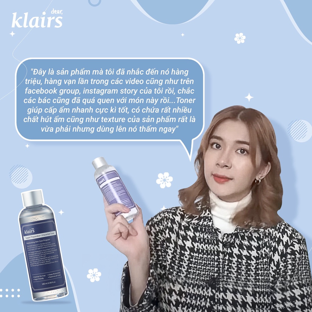 Nước Hoa Hồng Dưỡng Ẩm, Làm Dịu Da Không Mùi Klairs Supple Preparation Unscented Toner 180ml