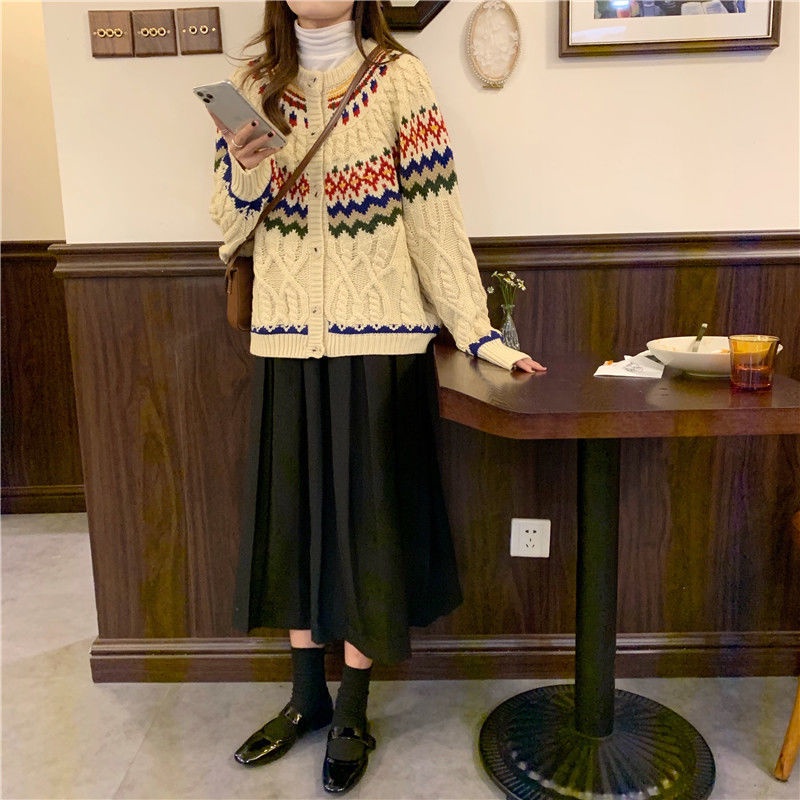 Áo khoác cardigan tay dài dáng rộng in họa tiết sọc màu cầu vồng phong cách thu đông cho nữ