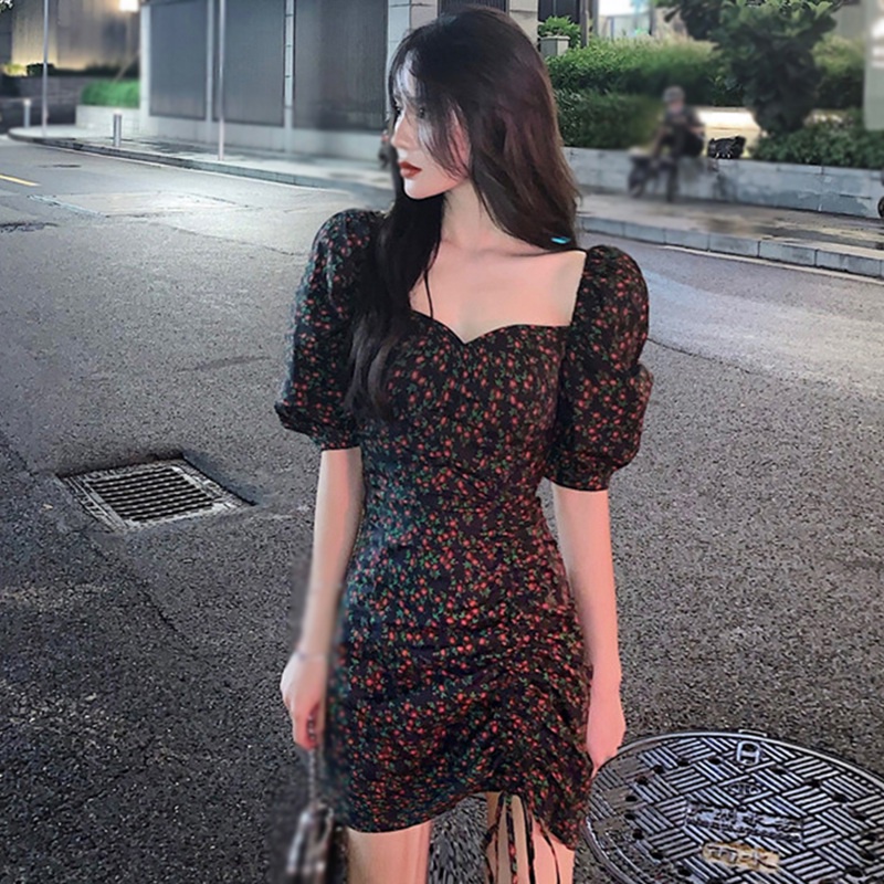 Váy dáng ôm tay ngắn cổ vuông in hoa thời trang phong cách Hàn Quốc
