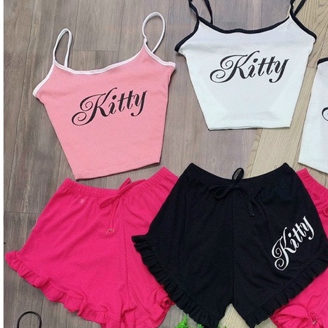 Set áo 2 dây viền kit ty kèm quần đùi bèo xinh chất gân pcth