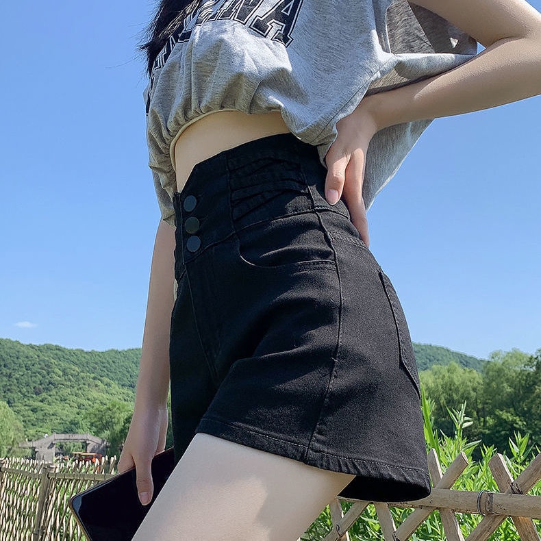Quần Short Denim Màu Đen Lưng Cao Dáng Chữ a Thời Trang Mùa Hè Cho Nữ