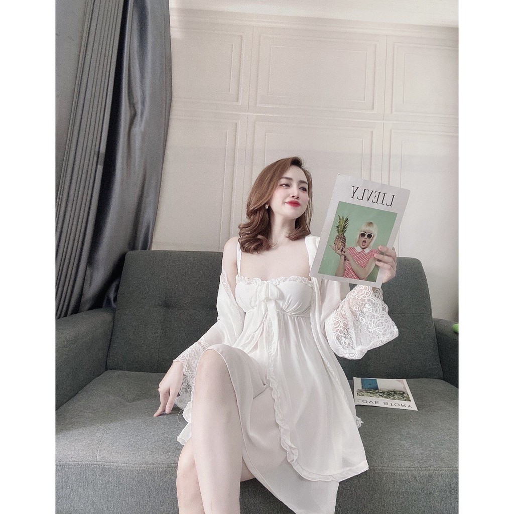 Set Áo Choàng Kèm Váy Ngủ, Váy Đầm Ngủ Sexy 2 Dây Nữ , Đồ Ngủ Sexy 3 Món Siêu Gợi Cảm. | BigBuy360 - bigbuy360.vn