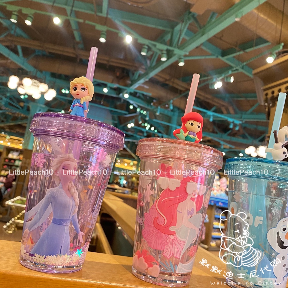 Ly nước Disney trong suốt 2 lớp kim tuyến rơi có ống hút hình Elsa Olaf Mickey Ariel Car 3D cho bé