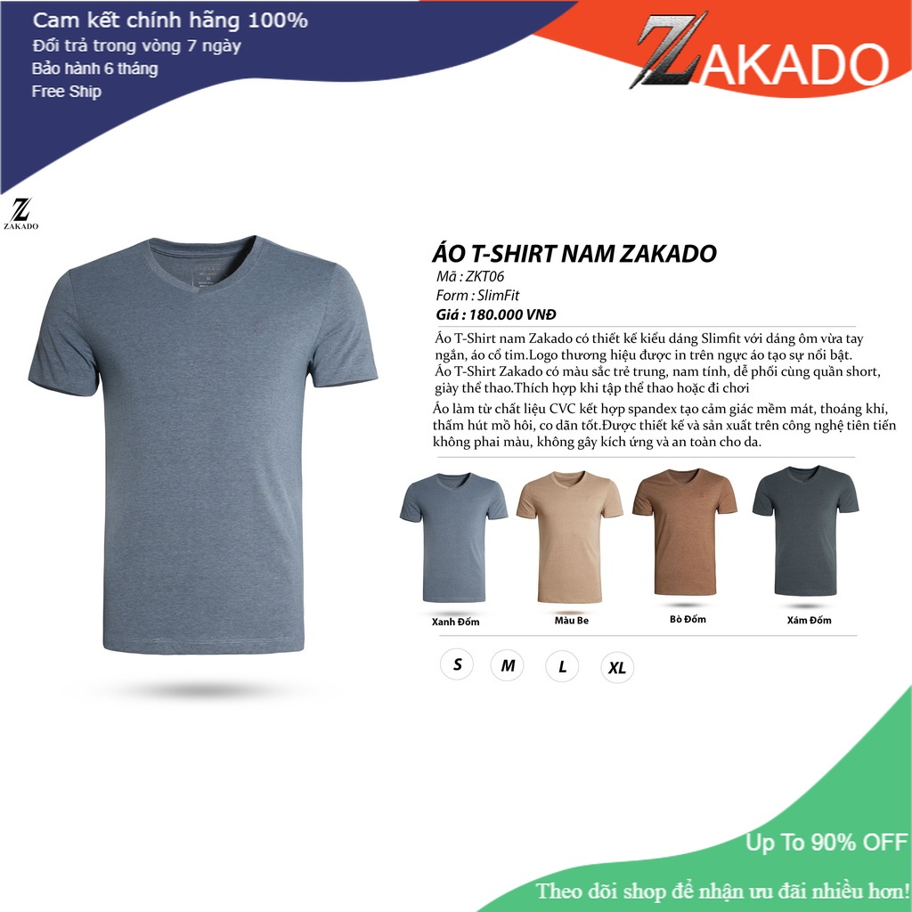 Áo thun nam cao cấp ZAKADO cổ tim tay ngắn, mềm mát, thấm hút mồ hôi cực tốt, áo phông thiết kế trẻ trung, năng động