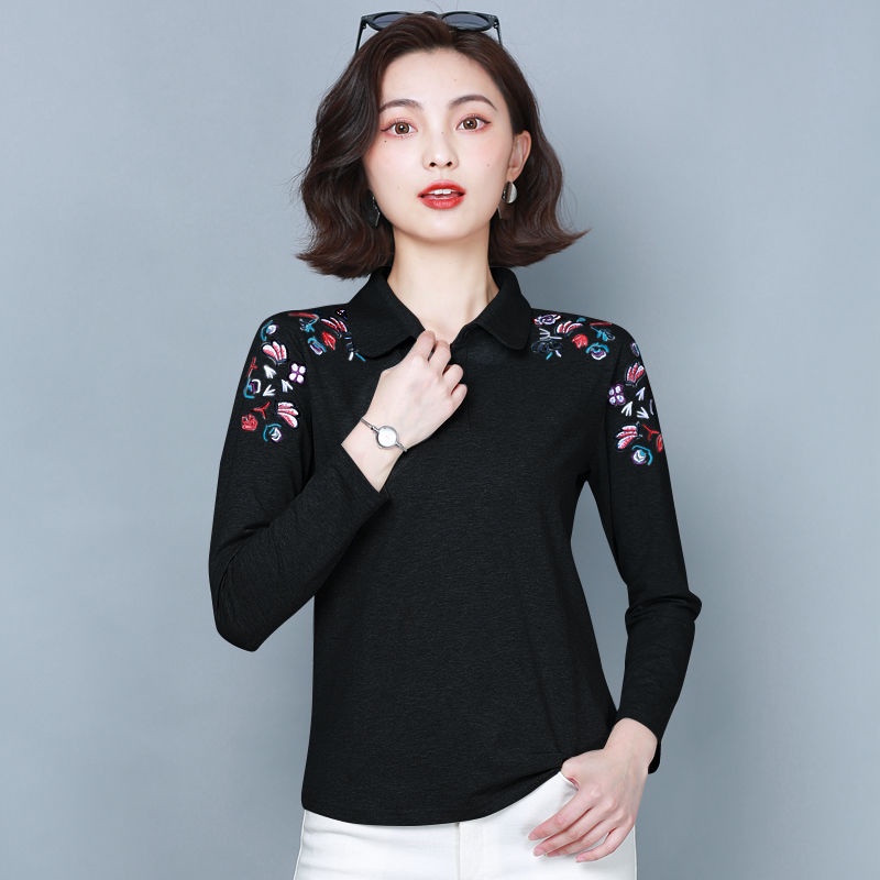 Áo polo 100% cotton Tay Dài Thêu Họa Tiết Thời Trang Mùa Thu Dành Cho Nữ Trung Niên 2022