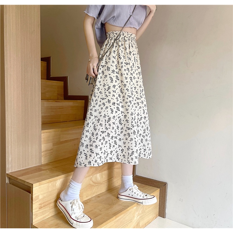 Chân Váy Chữ A Lưng Cao Họa Tiết Hoa Phong Cách Hàn Quốc