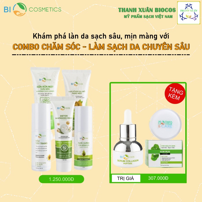 Combo Chăm Sóc Và Làm Sạch Dưỡng Da Chuyên Sâu BIOCOS ( Bộ 5 Sàn Phẩm) Tặng kèm Xịt Trắng Da Snow White 150ml + Kem M