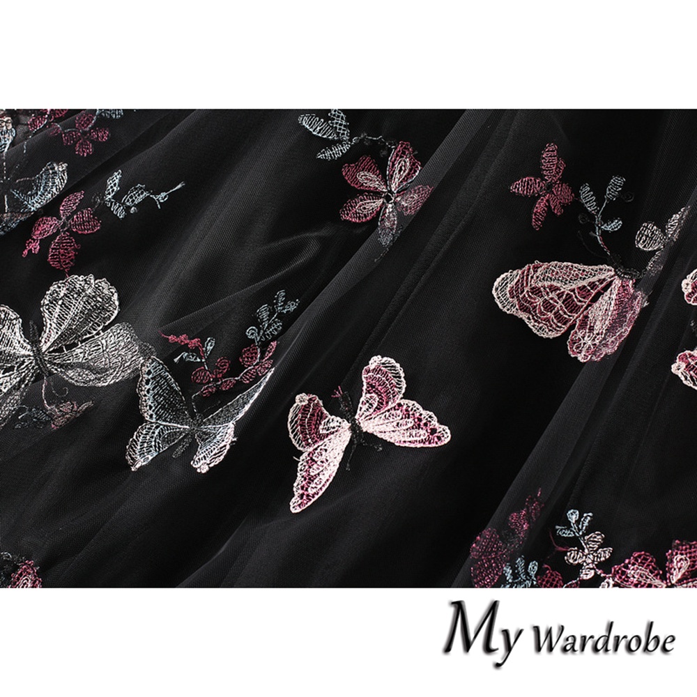 Chân Váy Lưới Thêu Hình Bướm Dáng Xòe Lưng Cao Dài Trung Bình Cho Nữ（1813 ）