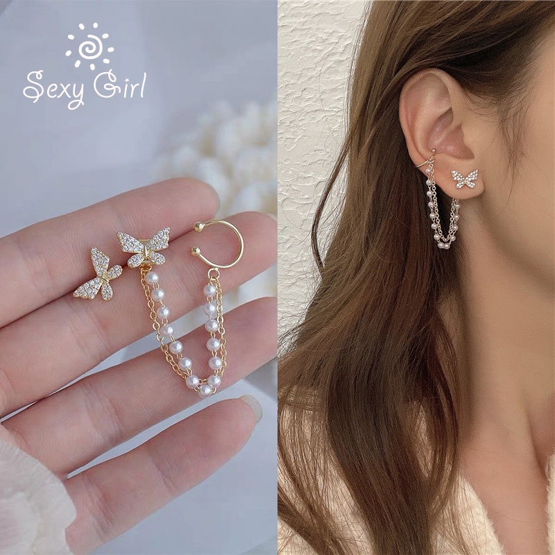 Bông Tai Tua Rua Dáng Dài Hình Bướm Đính Ngọc Trai Phong Cách Hàn Quốc Thời Trang Quyến Rũ Cho Nữ