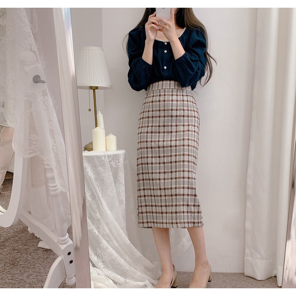 Bộ Áo Phối Ren + Chân Váy Lưng Cao Sọc Ca Rô Xinh Xắn Cho Nữ 38051