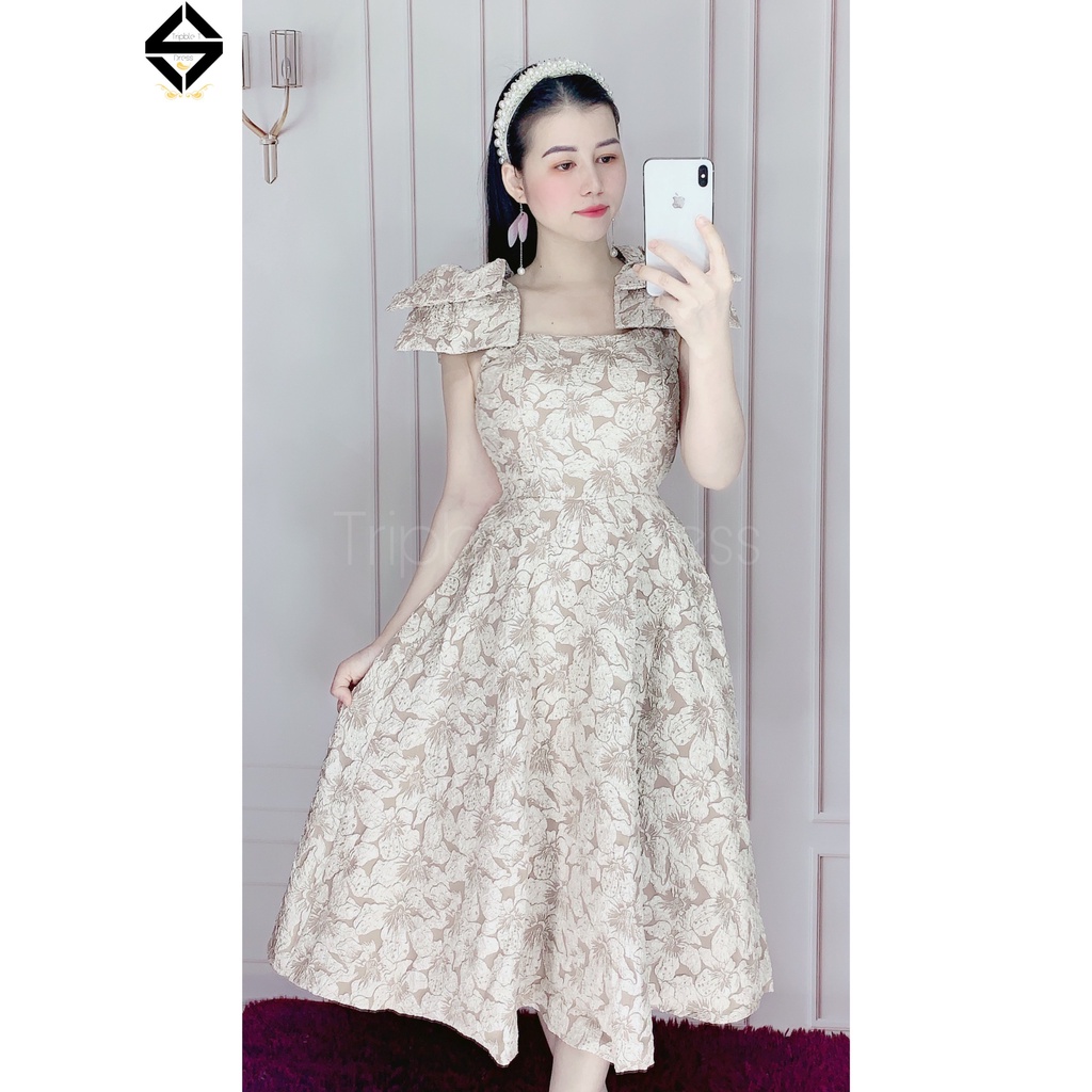 Đầm xoè dự tiệc nơ vai sang chất gấm xốp vân hoa nổi sang trọng TRIPBLE T DRESS - size M/L - MS226V