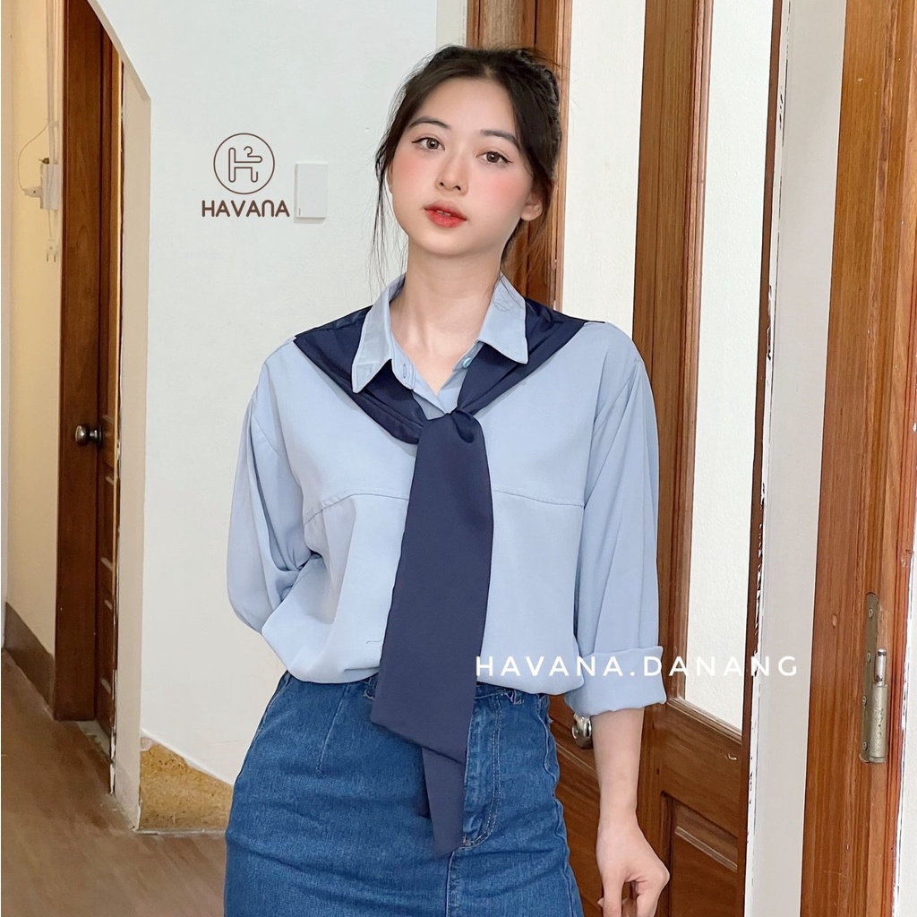 Áo sơ mi nữ dài tay kèm khoác choàng trơn, sơ mi thủy thủ phong cách Hàn Quốc AE240