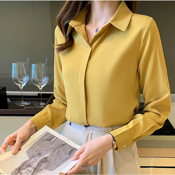 Áo Sơ Mi Nữ Công Sở Màu Vàng Cổ Đức CHIPY Kiểu Hàn Quốc Vintage Ulzzang Form Rộng Dài Tay Đẹp Chất Lụa Cao Cấp A2V | BigBuy360 - bigbuy360.vn