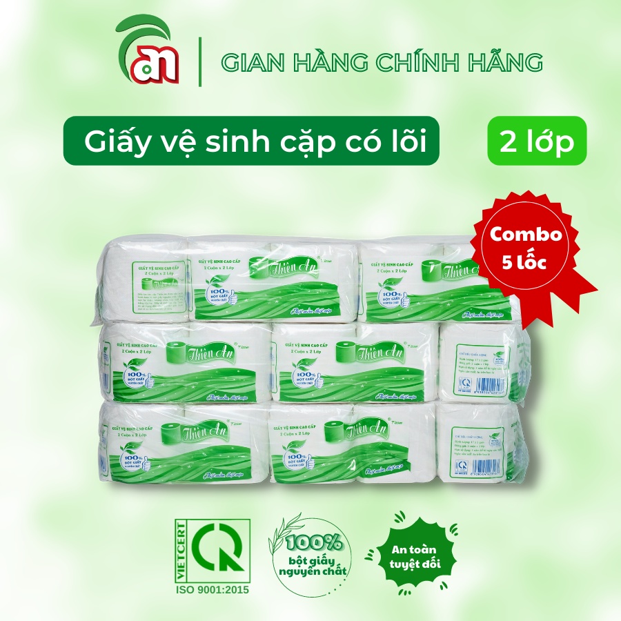 Combo 5 lốc Giấy vệ sinh cặp cuộn nhỏ có lõi Thiên An xanh 2 lớp giá cả hợp lý lốc 5 cặp - Thiên An Nam paper