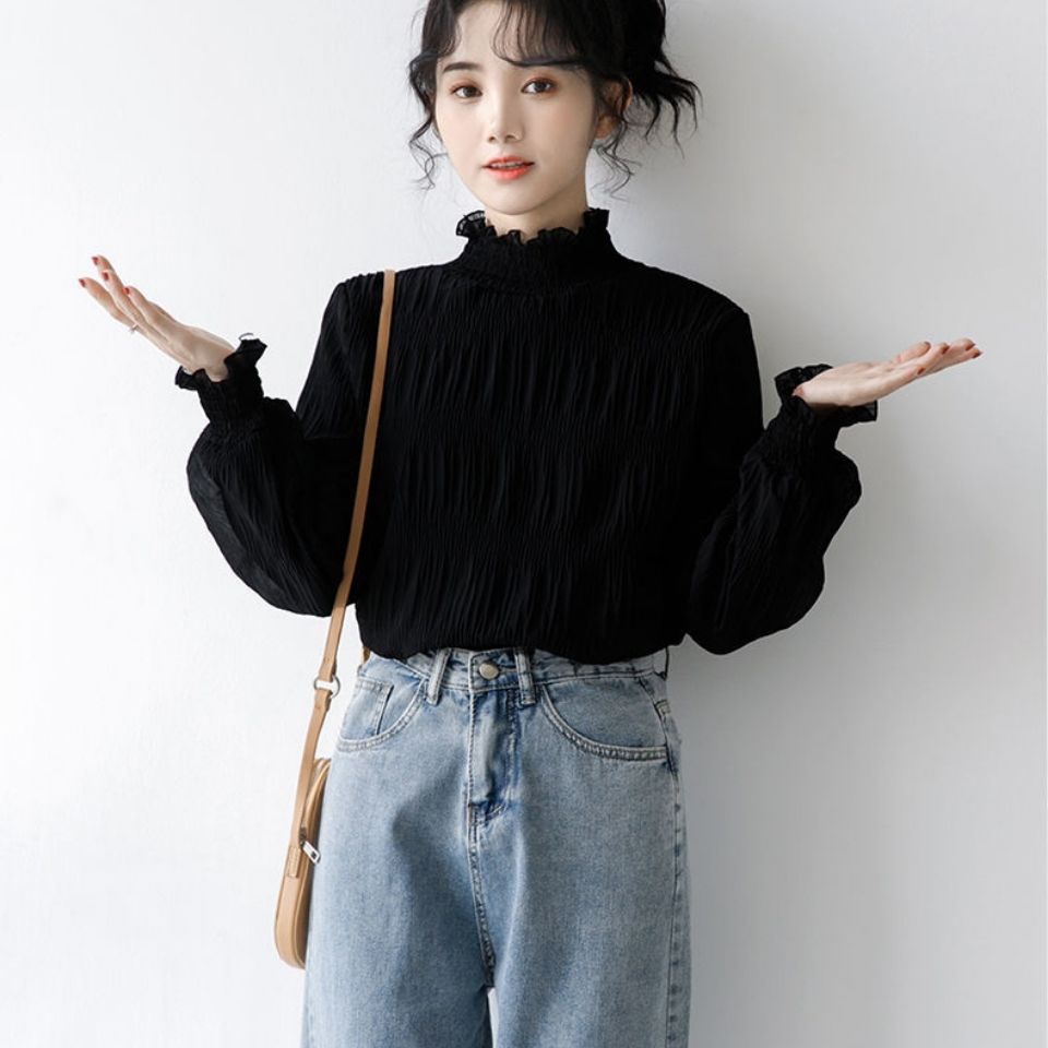 Mới Áo Chiffon Cổ Lọ Phối Ren Ấm Áp Thời Trang Cho Nữ