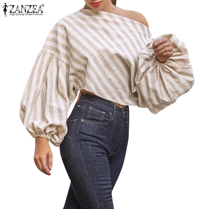 Áo kiểu Zanzea tay phồng họa tiết sọc thanh lịch cho phái nữ