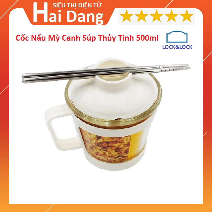 Cốc Nấu Mỳ, Canh, Súp Thủy Tinh Có Nắp Đậy 500ml Có Tay Cầm Easy Cook Lock&amp;Lock(Mầu Ngẫu Nhiên)