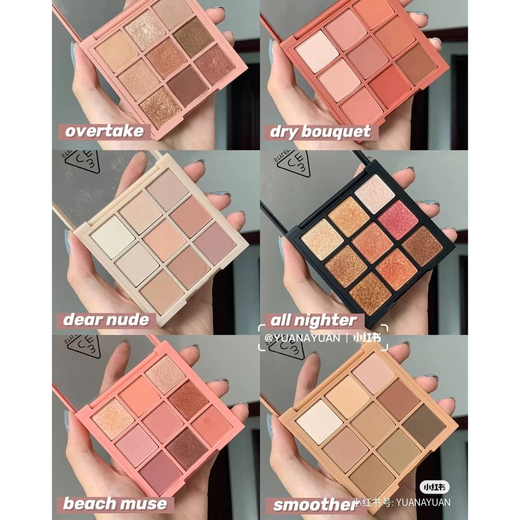 Màu Mắt 9 Ô 3CE Multi Eye Color Pallette Beach Muse- Over Take- Dry Bouquet- All Nighter - Dear Nude