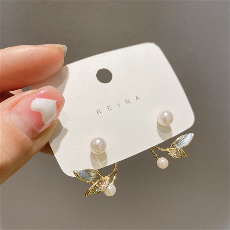 Bông Tai Hình Chiếc Lá Đính Ngọc Trai Giả Phong Cách Hàn Quốc Đơn Giản Thời Trang