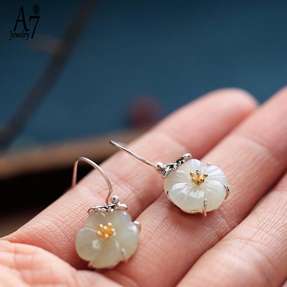 Bông Tai Bạc A7 S925 Hình Ong Đính Đá Ngọc Bích Màu Sắc Vintage Cho Nữ