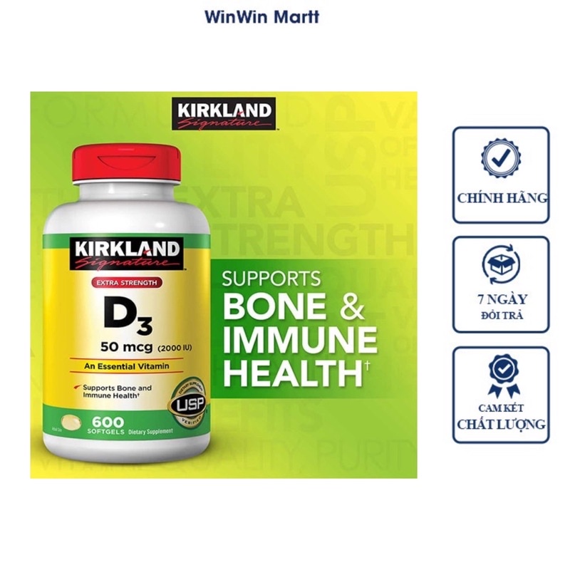 Vitamin D3 2000 IU Kirkland 600 viên từ mỹ hấp thụ canxi giúp xương chắc khỏe