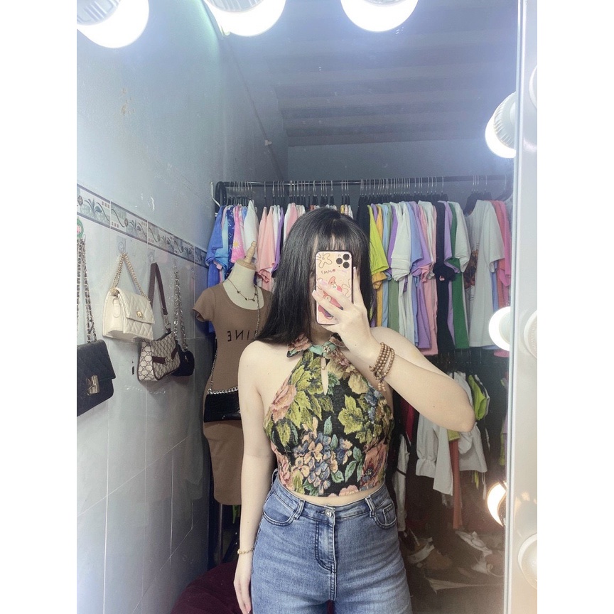 áo xinh cổ yếm đan dây lưng họa tiết hoa thổ cẩm