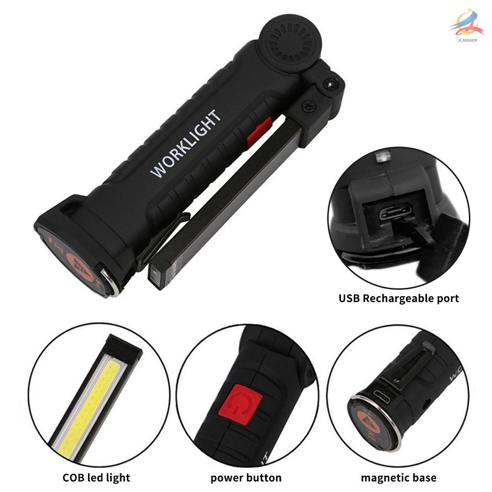 UCAN LEDs Work Light COB USB Rechargeable Rotating Foldable Flashlight 5 Mode Portable Handheld Torch with Magnetics Base for Outdoor Indoor Emergency Car Repair Camping Light