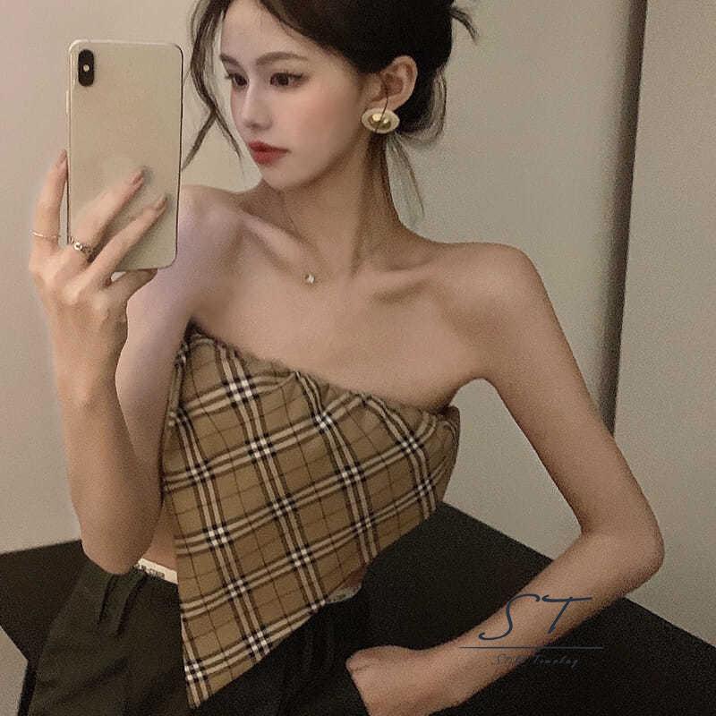 Áo Tank Top Không Tay Hở Vai In Họa Tiết Kẻ Ô CY03- Thời Trang Cho Nữ