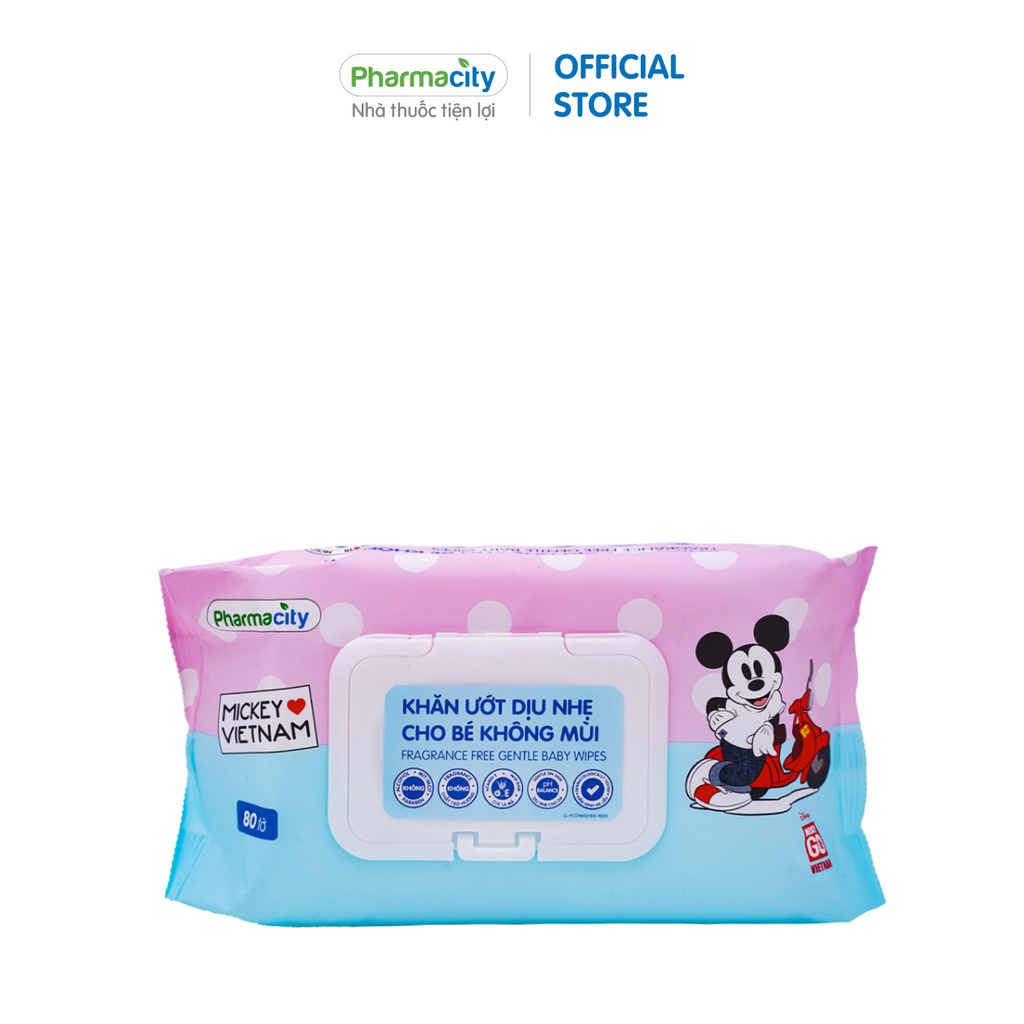 Khăn ướt Pharmacity dịu nhẹ cho bé không mùi Mickey go VN (80 miếng)