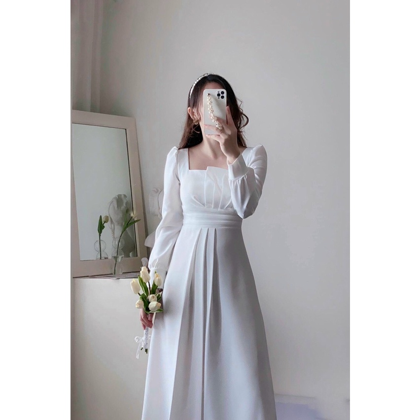 Váy trắng tiểu thư tay dài nhún ngực (Hàng thiết kế cao cấp)- A63 | BigBuy360 - bigbuy360.vn