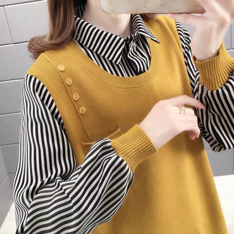 Áo Khoác Sweater Giả Hai Mảnh Dáng Rộng Thời Trang Mùa Đông 2022 Cho Nữ
