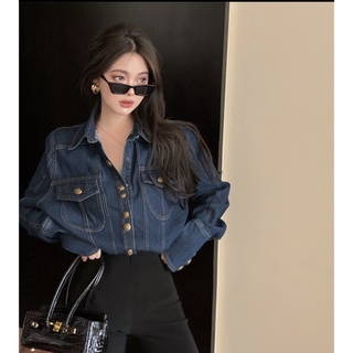 Áo sơmi denim tay dài dáng rộng áo jean form rộng thời trang