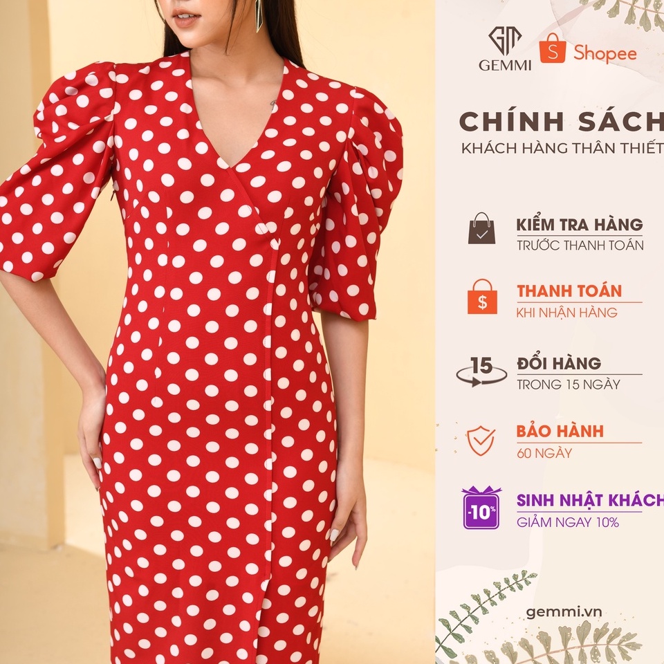 Váy nữ ôm dáng thiết kế cổ V tay bồng chấm bi Gemmi fashion, DK8450