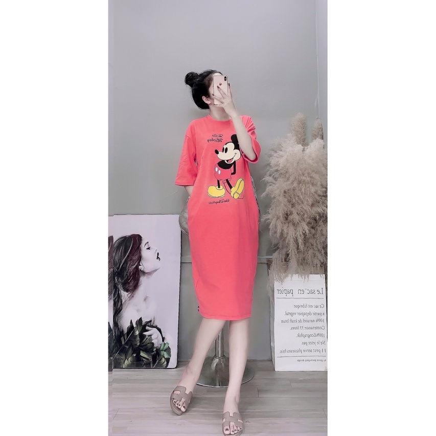 Đầm suông dài, váy suông bầu chất cotton in hình mickey | BigBuy360 - bigbuy360.vn