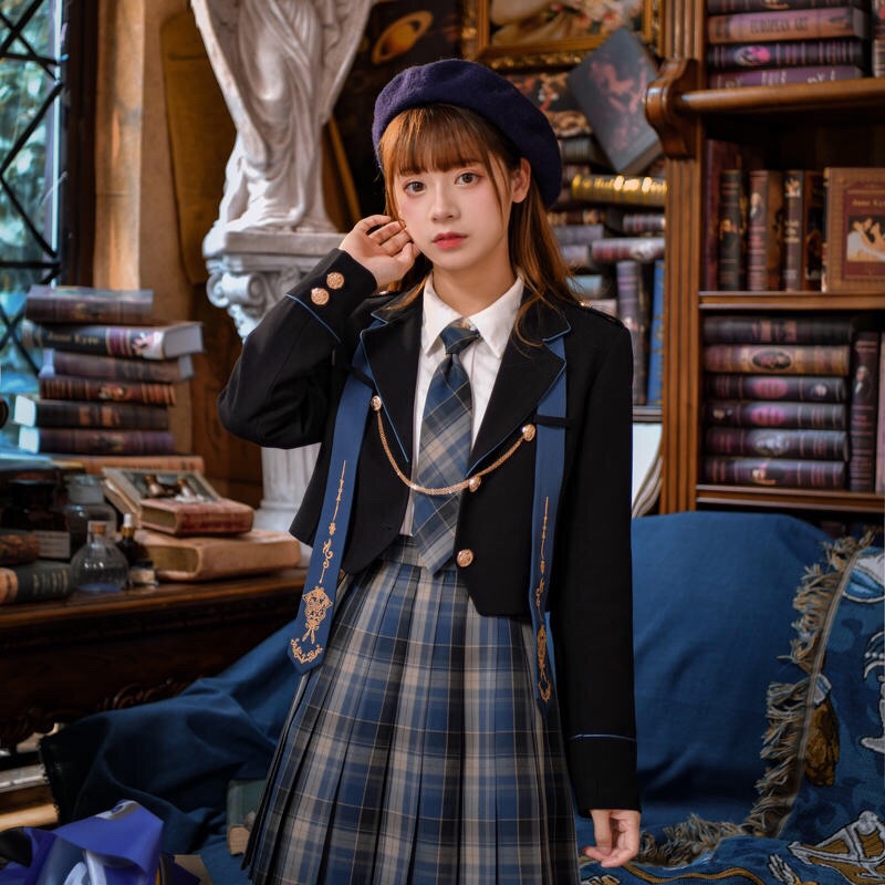 YAS0783-Áo vest phối chain + chân váy kẻ caro Jk