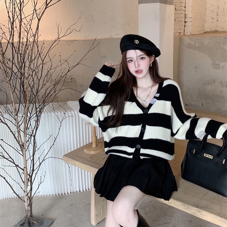 Jiashucheng Áo Khoác Cardigan Dệt Kim Tay Dài Dáng Rộng Họa Tiết Kẻ Sọc Phong Cách Retro Nhật Bản