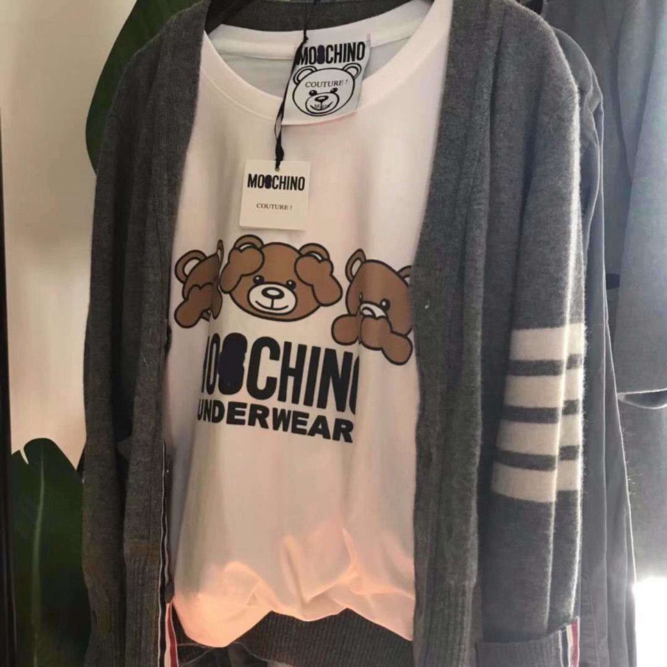 MOSCHINO Áo Thun Dài Tay In Hình Gấu Cho Cặp Đôi Bear Round Collar Cotton Tops Tees