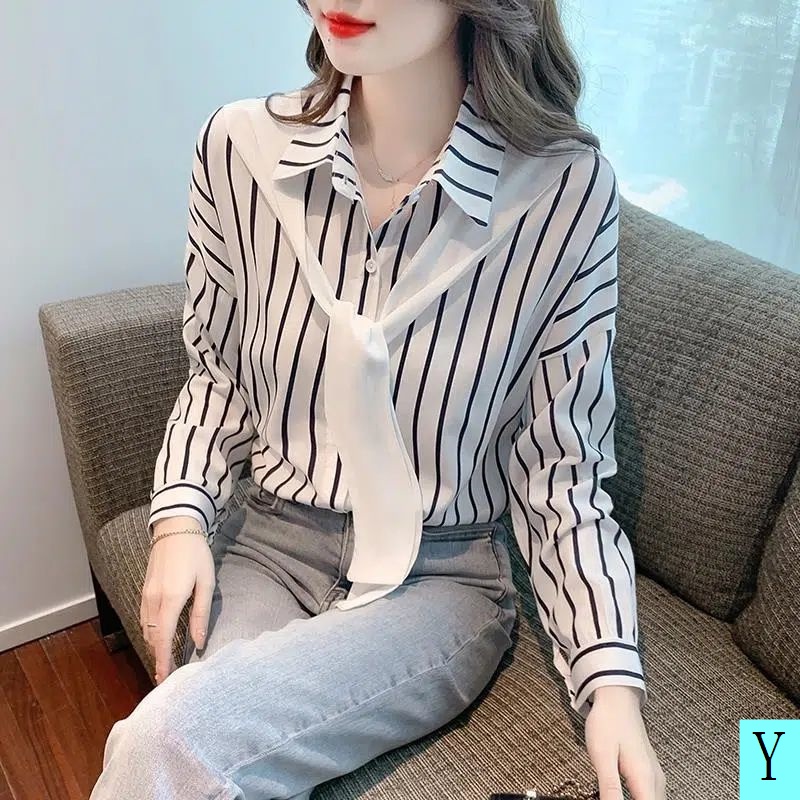 Áo Sơ Mi Tay Dài Dáng Rộng Giả Hai Lớp Kèm Khăn Choàng Họa Tiết Kẻ Sọc Thời Trang Xuân Thu 2022 Mới