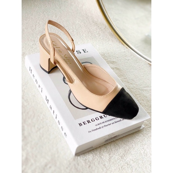 Giày cao gót nữ đế vuông vá mũi hở eo gót dáng slingback khuyết eo thời trang tinh tế thanh lịch