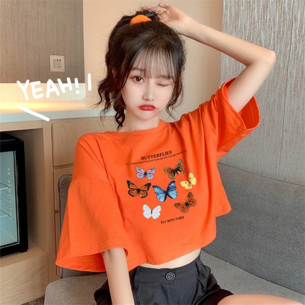 Áo Croptop Nữ Tay Lỡ In Hình Nhiều Bướm Lapi VN Phong Cách Ulzzang Freesize Phom Rộng, Áo Thun Unisex