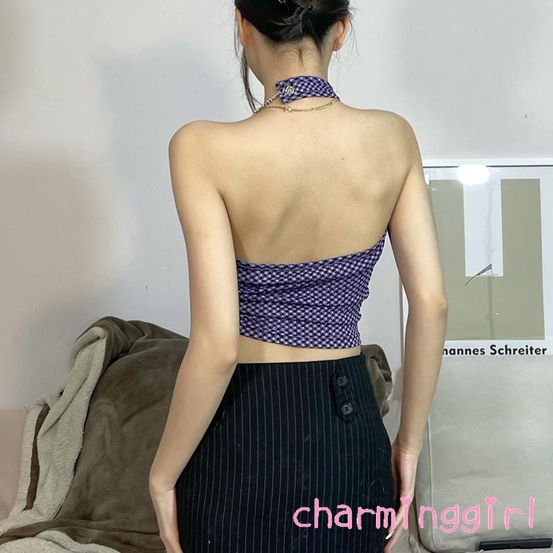 Áo Croptop Hai Dây Rút In Họa Tiết Sọc Caro Thời Trang Cho Nữ