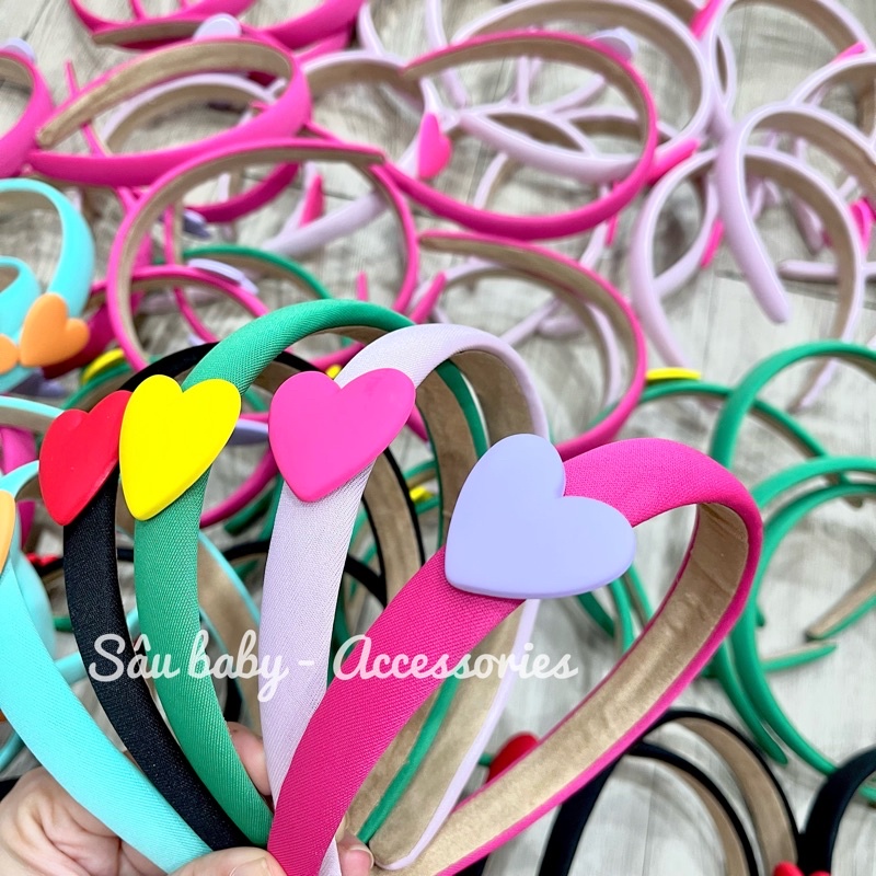 Bờm xước tóc vải màu trơn đính trái tim siêu đáng yêu cho bé