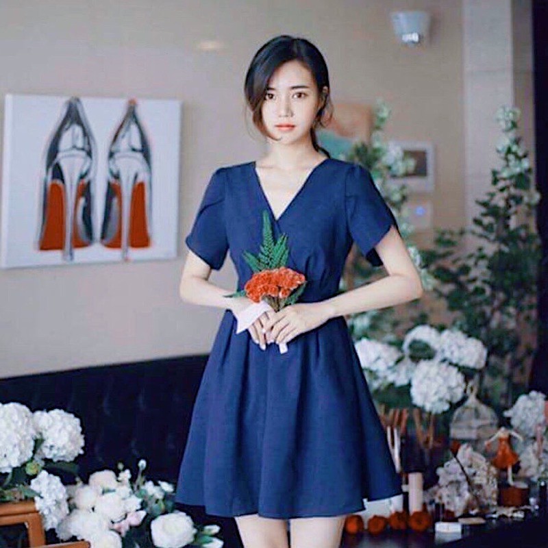 Đầm váy xanh cổ V (kèm hình thật)