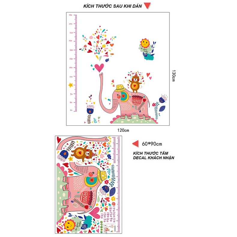 Thước đo chiều cao dán tường cho bé mẫu Voi hồng phun nước số 2 - AmyShop